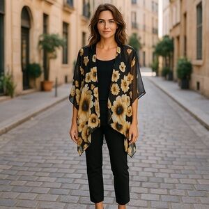 🤑 4/$24 Kimono Black with Cream‎ Brown Floral Print Kimono